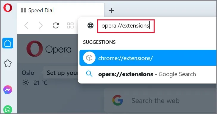 Открытие страницы расширений Opera