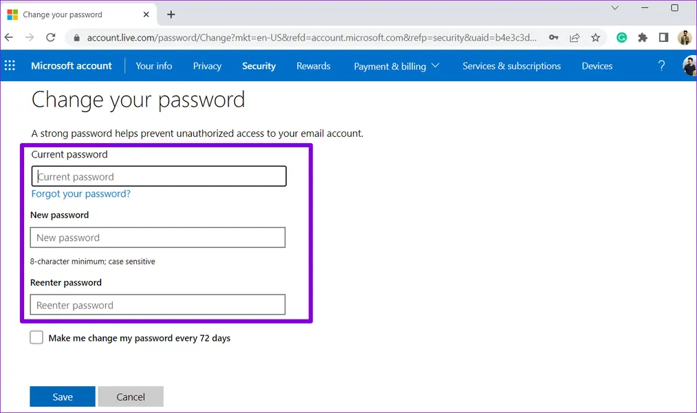Изменить пароль для учетной записи Microsoft