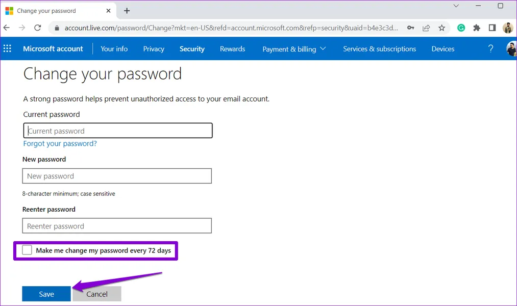 Отключить функцию истечения срока действия пароля для учетной записи Microsoft