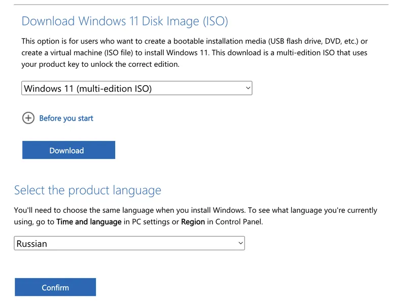 Выберите язык при скачивании Windows 11