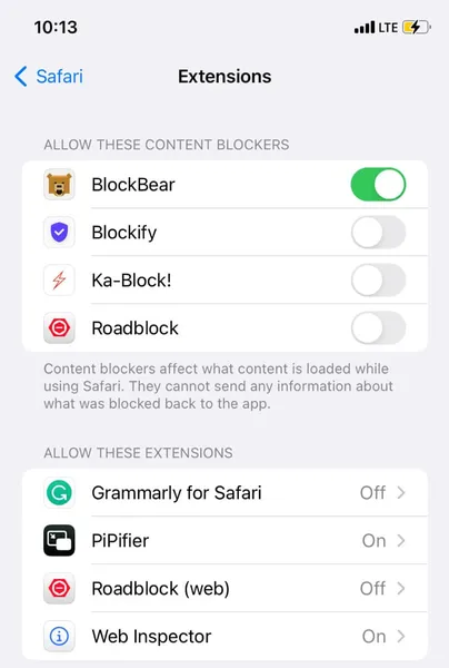 Включить расширение блокировки рекламы в Safari на iPhone