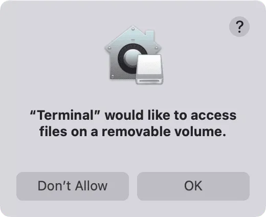 Терминал хочет получить доступ к файлам во всплывающем окне съемного тома